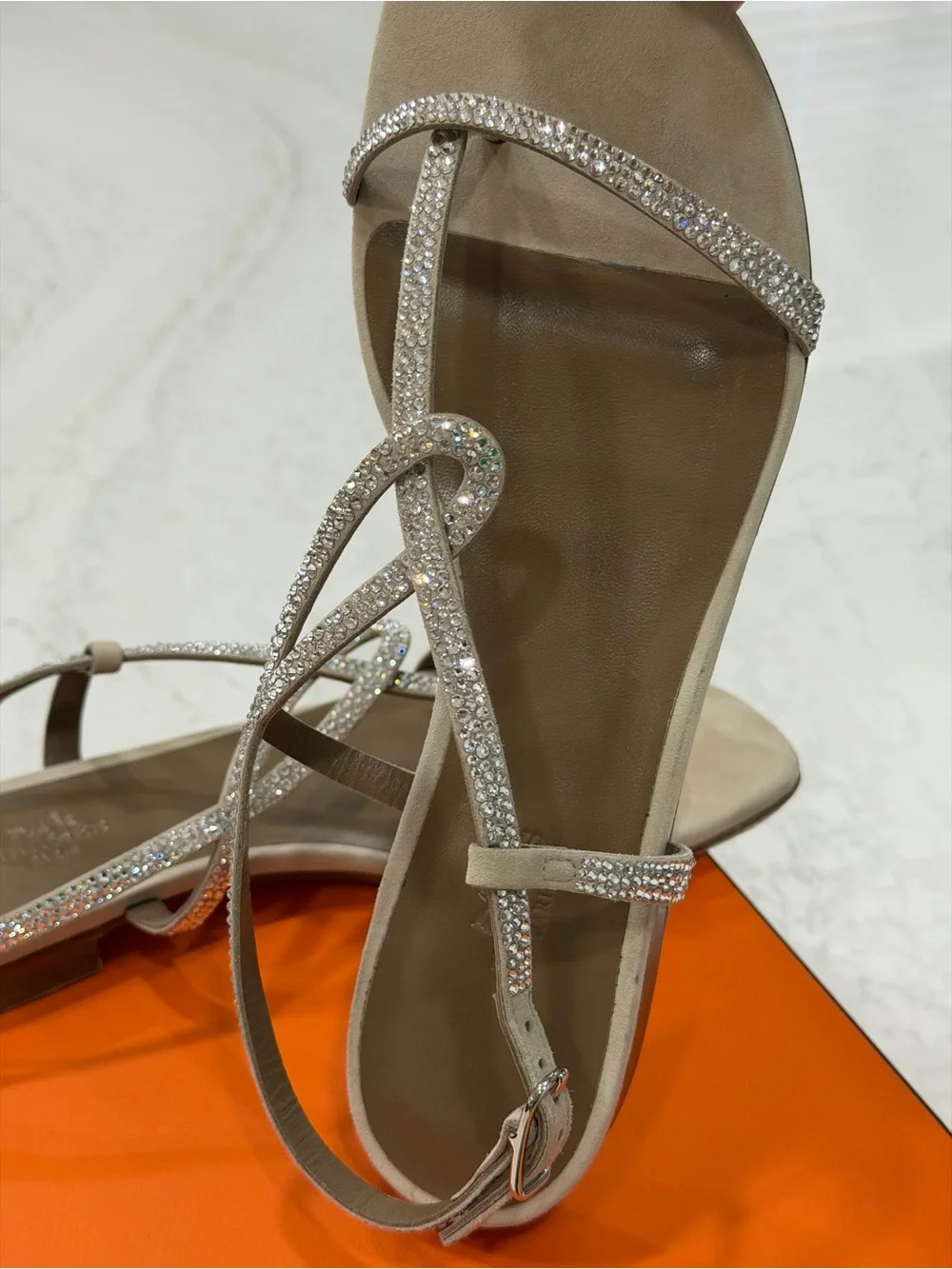 Hermes Crystal-Embellished Beige T-Strap Sandal - Picture 9 of 12